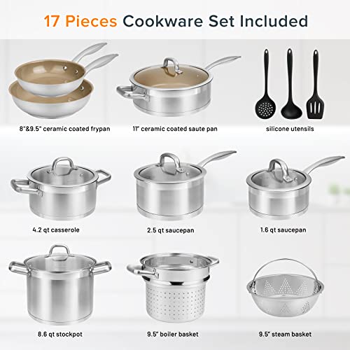 Duxtop 17PC Professional Stainless Steel Induction Cookware Set, Stainless Steel Ceramic Nonstick Pan Set, Impact-bonded Technology, FUSION Titanium Reinforced Ceramic Coating, Brown