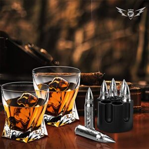 Whiskey Glasses and Whiskey Bullets - Premium Whiskey Glass Set, 2 Glasses for Scotch or Bourbon in Gift Box | Stainless Steel Whisky Stones Shaped Like Bullets | Bar Set for Man Cave (Twist Glasses)