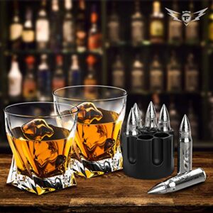 Whiskey Glasses and Whiskey Bullets - Premium Whiskey Glass Set, 2 Glasses for Scotch or Bourbon in Gift Box | Stainless Steel Whisky Stones Shaped Like Bullets | Bar Set for Man Cave (Twist Glasses)