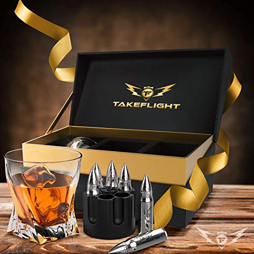 Whiskey Glasses and Whiskey Bullets - Premium Whiskey Glass Set, 2 Glasses for Scotch or Bourbon in Gift Box | Stainless Steel Whisky Stones Shaped Like Bullets | Bar Set for Man Cave (Twist Glasses)