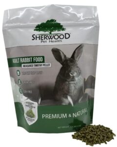 adult rabbit food timothy hay pellet 4.5 pounds. this sherwood pet health hay-based formula is grain-free and soy-free for better digestion. its also scientifically balanced for better urinary health.