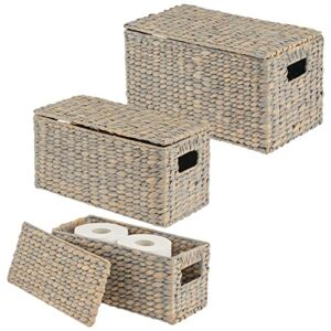 mdesign woven water hyacinth rectangle storage organizer basket bin with topper lid and handles - natural farmhouse holder containers for closet, bedroom, bathroom, office - set of 3 - gray