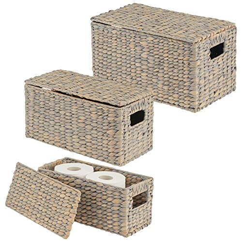 mDesign Woven Water Hyacinth Rectangle Storage Organizer Basket Bin with Topper Lid and Handles - Natural Farmhouse Holder Containers for Closet, Bedroom, Bathroom, Office - Set of 3 - Gray