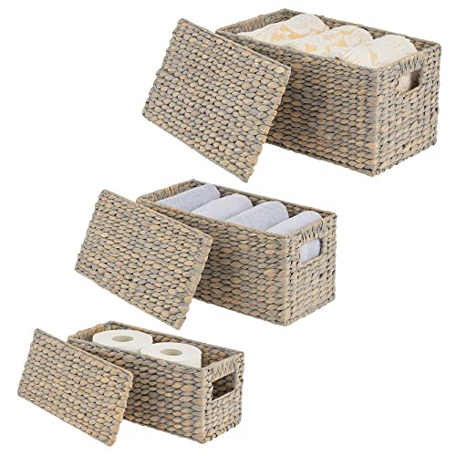 mDesign Woven Water Hyacinth Rectangle Storage Organizer Basket Bin with Topper Lid and Handles - Natural Farmhouse Holder Containers for Closet, Bedroom, Bathroom, Office - Set of 3 - Gray