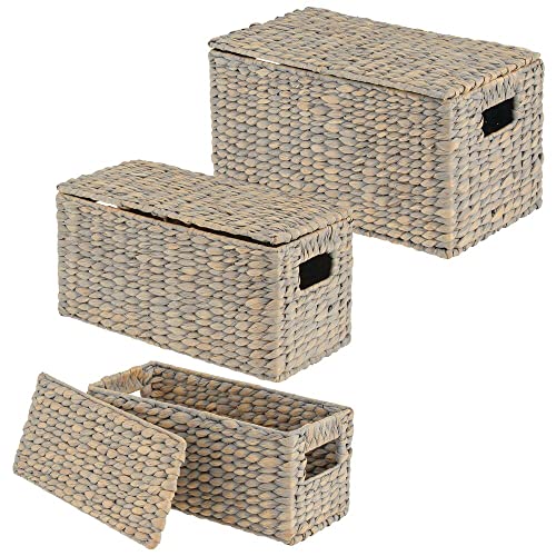 mDesign Woven Water Hyacinth Rectangle Storage Organizer Basket Bin with Topper Lid and Handles - Natural Farmhouse Holder Containers for Closet, Bedroom, Bathroom, Office - Set of 3 - Gray