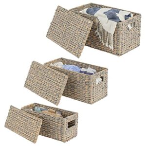 mDesign Woven Water Hyacinth Rectangle Storage Organizer Basket Bin with Topper Lid and Handles - Natural Farmhouse Holder Containers for Closet, Bedroom, Bathroom, Office - Set of 3 - Gray