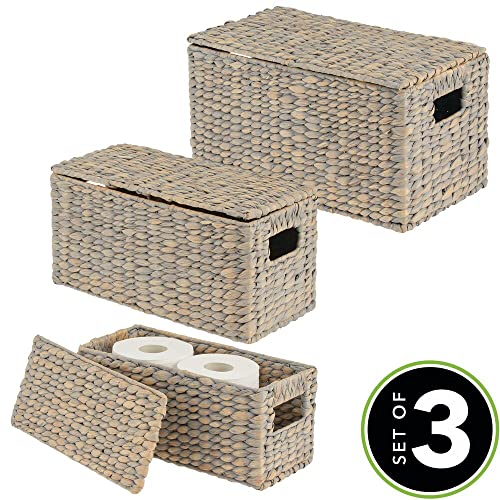 mDesign Woven Water Hyacinth Rectangle Storage Organizer Basket Bin with Topper Lid and Handles - Natural Farmhouse Holder Containers for Closet, Bedroom, Bathroom, Office - Set of 3 - Gray