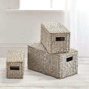 mDesign Woven Water Hyacinth Rectangle Storage Organizer Basket Bin with Topper Lid and Handles - Natural Farmhouse Holder Containers for Closet, Bedroom, Bathroom, Office - Set of 3 - Gray