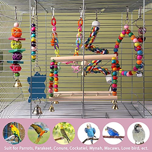 Bird Toys Parrot Swing Toy with Colorful Wooden Beads Bells and Pet Bird Cage Hanging Chew Toys for Small Parakeets Cockatiels, Conures, Macaws, Lovebirds, Finches 8PCS