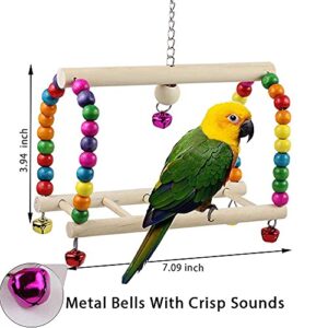 Bird Toys Parrot Swing Toy with Colorful Wooden Beads Bells and Pet Bird Cage Hanging Chew Toys for Small Parakeets Cockatiels, Conures, Macaws, Lovebirds, Finches 8PCS