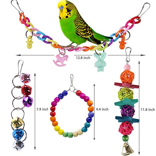 Bird Toys Parrot Swing Toy with Colorful Wooden Beads Bells and Pet Bird Cage Hanging Chew Toys for Small Parakeets Cockatiels, Conures, Macaws, Lovebirds, Finches 8PCS