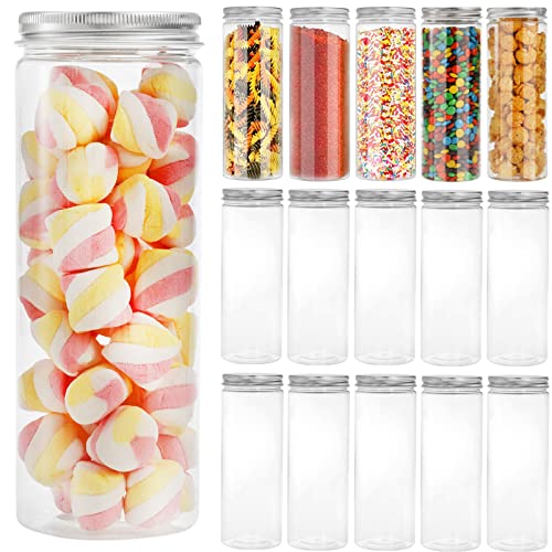 Tebery 16 Pack Plastic Spice Jars Bottles Containers with Lids 17oz Clear Straight Cylinders Plastic Canisters for Food & Home Storage