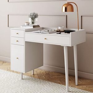nathan james daisy vanity dressing table or makeup desk with 4-drawers and brass accent knobs, white wood