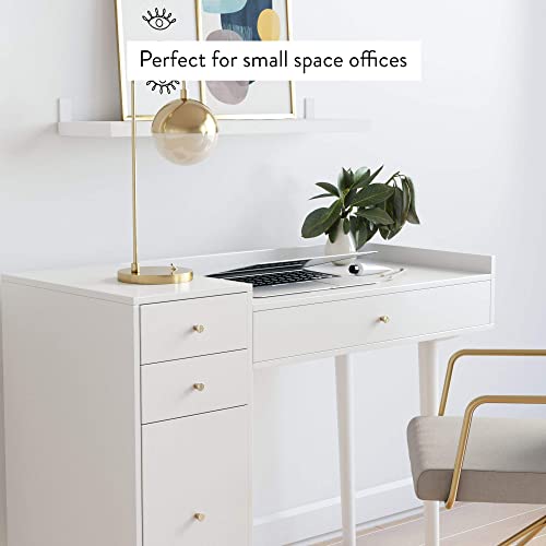 Nathan James Daisy Vanity Dressing Table or Makeup Desk with 4-Drawers and Brass Accent Knobs, White Wood