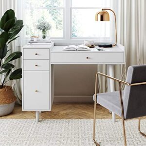 Nathan James Daisy Vanity Dressing Table or Makeup Desk with 4-Drawers and Brass Accent Knobs, White Wood