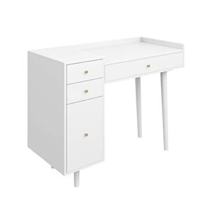 Nathan James Daisy Vanity Dressing Table or Makeup Desk with 4-Drawers and Brass Accent Knobs, White Wood