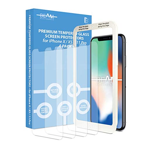 [4 Pack] Screen Protector for iPhone X, XS, 11 Pro, Beam Electronics Tempered Glass - 99% Touch Accurate with Easy Installation Tray and Accessories