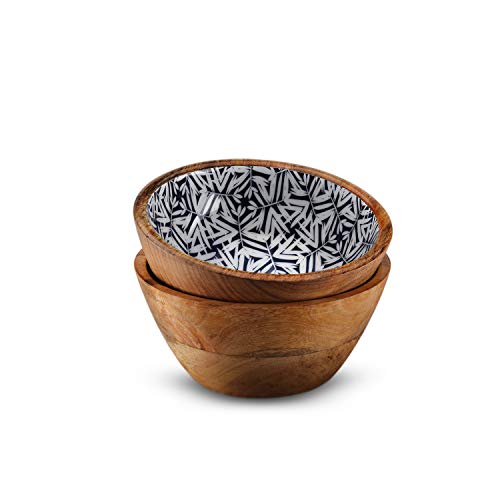 Folkulture Wooden Bowls for Food or Salad Bowls Set, Small Bowl for Serving Pasta and Cereal, Set of 2 Wood Bowl, 6 inch by 3 inch, Mango Wood, Blue Leaves