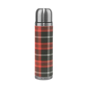 red black plaid vacuum thermos christmas tartan check insulated water bottle stainless steel double wall flask bottles, sports coffee travel mug cup genuine leather cover bpa free 17 oz