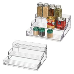 mdesign plastic kitchen 3-tier spice rack holder, storage organizer for cabinet, counter, pantry, shelf, hold spices, seasoning, jars, canned food, appliances - ligne collection - 2 pack - clear