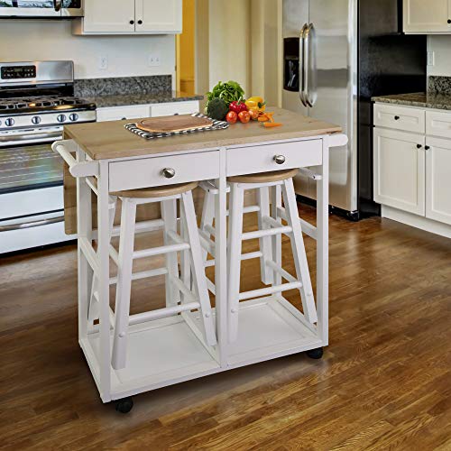 Casual Home Breakfast Cart with Drop-Leaf Table, White