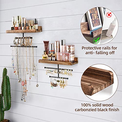 Keebofly Hanging Wall Mounted Jewelry Organizer with Rustic Wood Jewelry Holder Display for Necklaces Bracelet Earrings Ring Set of 2 Carbonized Black,[Patented]