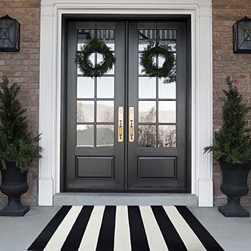 Black and White Striped Rug 28 x 45 Inches Front Door Mat Hand-Woven Cotton Indoor/Outdoor Rug for Layered Welcome Door Mat, Front Porch,Farmhouse,Kitchen,Entry Way