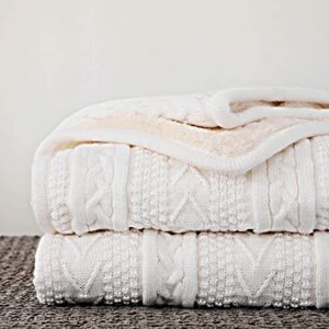 longhui bedding acrylic cable knit sherpa throw blanket – thick, soft, big, cozy ivory white knitted fleece blankets for couch, sofa, bed – large 50 x 63 inches ivory white coverlet all season