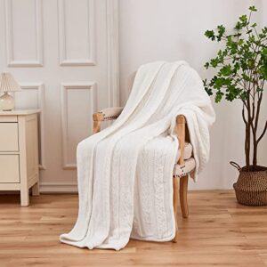 Longhui bedding Acrylic Cable Knit Sherpa Throw Blanket – Thick, Soft, Big, Cozy Ivory White Knitted Fleece Blankets for Couch, Sofa, Bed – Large 50 x 63 Inches Ivory White Coverlet All Season