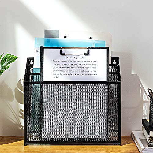 Amazon Basics 3 Tier Wall Mounted File Organizer, Metal Mesh Hanging Office Holder, Black