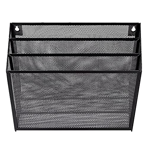 Amazon Basics 3 Tier Wall Mounted File Organizer, Metal Mesh Hanging Office Holder, Black