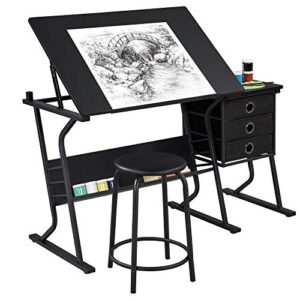 topeakmart height adjustable drafting table art craft desk work station hobby design studio tiltable tabletop drawing desk with stool & storage drawers ‎50.5 x 23.6 x 43.7 inches
