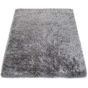Paco Home Shag Rug High Pile in Grey for Bedroom & Living Room Fluffy Glossy Pastel Yarn, Size: 3'11" x 5'7"