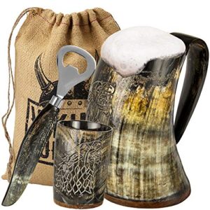 viking culture ox horn mug, shot glass, and bottle opener (3 pc. set) authentic 16-oz. ale, mead, and beer tankard | vintage stein with handle | custom intricate design - natural finish | wolf/fenrir