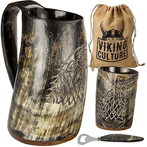 Viking Culture Ox Horn Mug, Shot Glass, and Bottle Opener (3 Pc. Set) Authentic 16-oz. Ale, Mead, and Beer Tankard | Vintage Stein with Handle | Custom Intricate Design - Natural Finish | Wolf/Fenrir