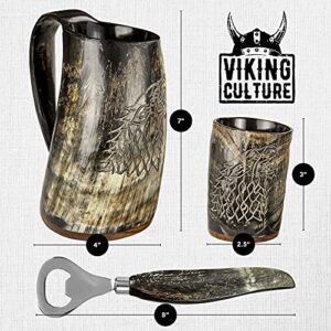 Viking Culture Ox Horn Mug, Shot Glass, and Bottle Opener (3 Pc. Set) Authentic 16-oz. Ale, Mead, and Beer Tankard | Vintage Stein with Handle | Custom Intricate Design - Natural Finish | Wolf/Fenrir