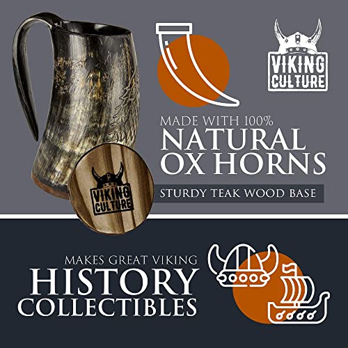 Viking Culture Ox Horn Mug, Shot Glass, and Bottle Opener (3 Pc. Set) Authentic 16-oz. Ale, Mead, and Beer Tankard | Vintage Stein with Handle | Custom Intricate Design - Natural Finish | Wolf/Fenrir