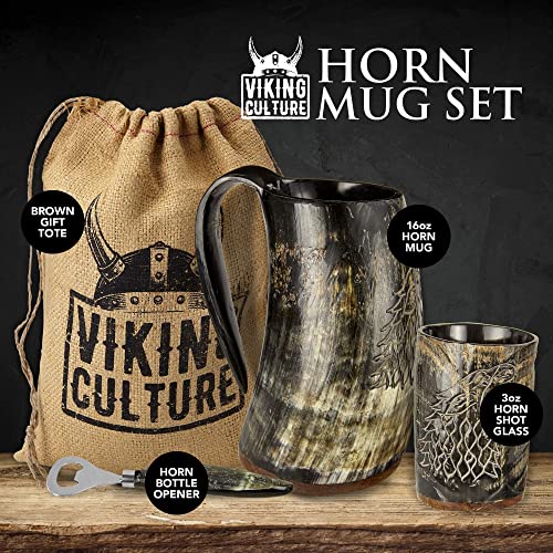 Viking Culture Ox Horn Mug, Shot Glass, and Bottle Opener (3 Pc. Set) Authentic 16-oz. Ale, Mead, and Beer Tankard | Vintage Stein with Handle | Custom Intricate Design - Natural Finish | Wolf/Fenrir