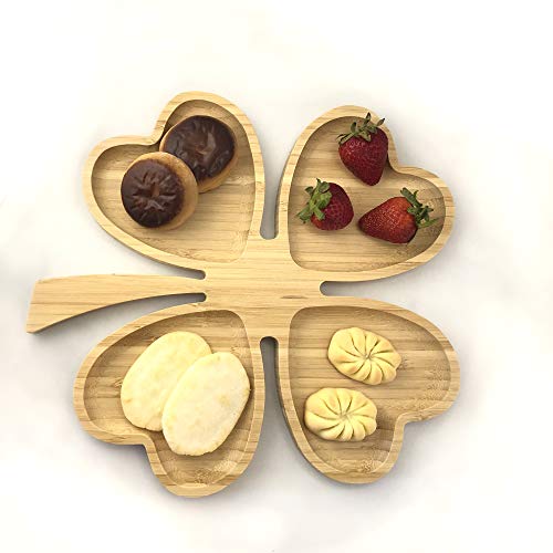 JB Home Collection 4571, Four Grids Romantic Wedding Heart Shaped Leave Design Bamboo Fruit Snack Serving Tray Plate Appetizer Section Platter