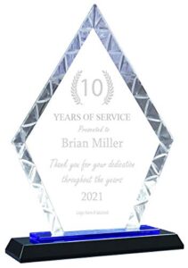 ravanox personalized 9" blue diamond accent engraved glass plaque award with text, custom engraved glass awards plaques and trophies for teachers, retirement, employee appreciation