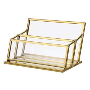 hipiwe 2 slots glass business card holder stand - gold metal frame name card display stand business name card organizer for office tabletop,fits 80-100 business cards
