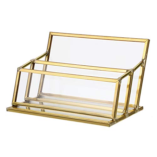 Hipiwe 2 Slots Glass Business Card Holder Stand - Gold Metal Frame Name Card Display Stand Business Name Card Organizer for Office Tabletop,Fits 80-100 Business Cards