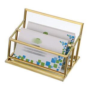 Hipiwe 2 Slots Glass Business Card Holder Stand - Gold Metal Frame Name Card Display Stand Business Name Card Organizer for Office Tabletop,Fits 80-100 Business Cards