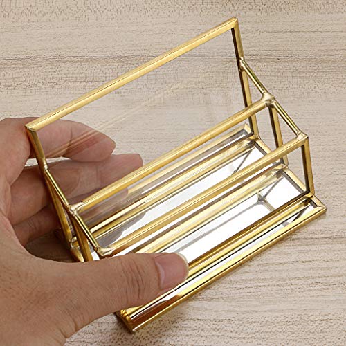 Hipiwe 2 Slots Glass Business Card Holder Stand - Gold Metal Frame Name Card Display Stand Business Name Card Organizer for Office Tabletop,Fits 80-100 Business Cards