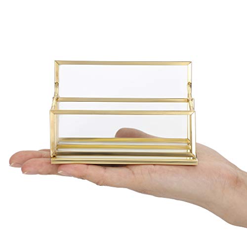 Hipiwe 2 Slots Glass Business Card Holder Stand - Gold Metal Frame Name Card Display Stand Business Name Card Organizer for Office Tabletop,Fits 80-100 Business Cards