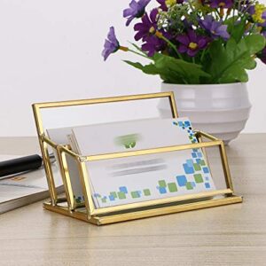 Hipiwe 2 Slots Glass Business Card Holder Stand - Gold Metal Frame Name Card Display Stand Business Name Card Organizer for Office Tabletop,Fits 80-100 Business Cards