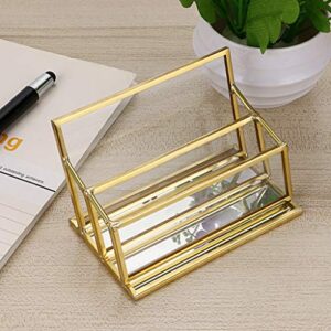 Hipiwe 2 Slots Glass Business Card Holder Stand - Gold Metal Frame Name Card Display Stand Business Name Card Organizer for Office Tabletop,Fits 80-100 Business Cards