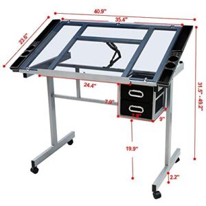 Topeakmart Glass Drafting Table Rolling Drawing Desk Artists Art Craft Desk w/2 Slide Drawers and Wheels for Home Office School