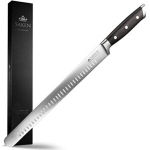 saken 12-inch granton edge slicing knife - high-carbon german steel carving knife with satin-finished black ergonomic handle - multipurpose slicing kitchen knife for meat, fish, brisket, veggies