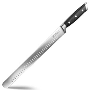 Saken 12-inch Granton Edge Slicing Knife - High-Carbon German Steel Carving Knife with Satin-Finished Black Ergonomic Handle - Multipurpose Slicing Kitchen Knife for Meat, Fish, Brisket, Veggies